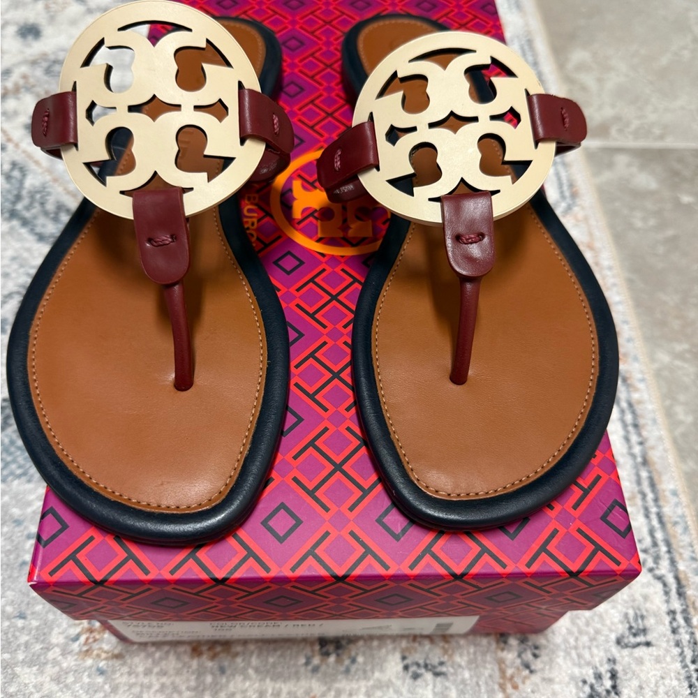 Tory Burch Sandals with Gold Logo and Brown Leather